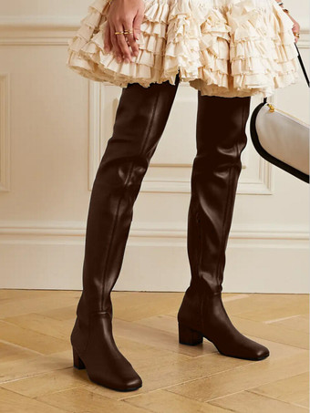 レディース オーバーニーブーツ スクエアトゥ チャンキーヒール サイハイブーツ