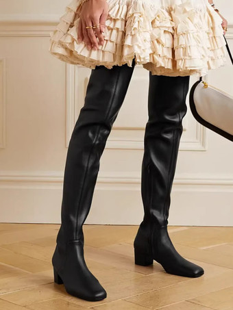 レディース オーバーニーブーツ スクエアトゥ チャンキーヒール サイハイブーツ
