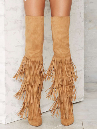 レディース スエード オーバーニーブーツ ポインテッドトゥ ハイヒール サイハイブーツ タッセル付き