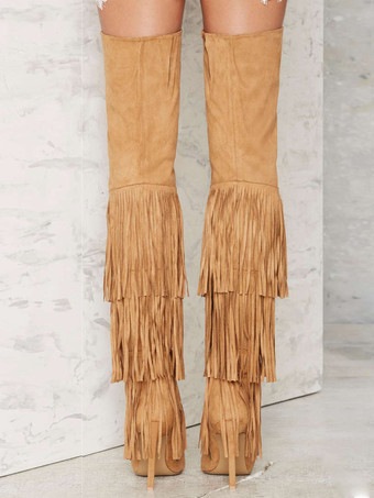 レディース スエード オーバーニーブーツ ポインテッドトゥ ハイヒール サイハイブーツ タッセル付き