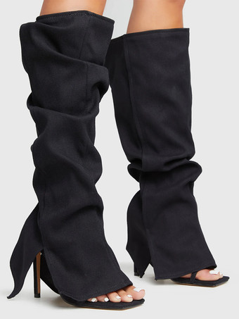 レディースニーハイブーツ デニム オープントゥ カットアウトデザイン ハイヒールブーツ