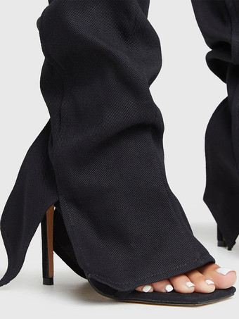 レディースニーハイブーツ デニム オープントゥ カットアウトデザイン ハイヒールブーツ