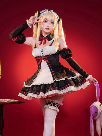 Vestido de cosplay Lolita negro con volantes y mangas desmontables de encaje y bloques de color para eventos