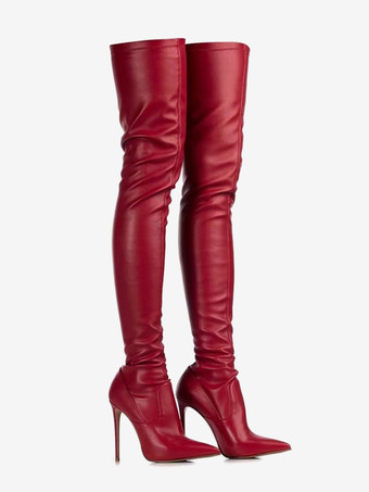 レッド 女性用サイハイブーツ、つま先が尖ったハイヒール、セクシーなオーバーニーブーツ