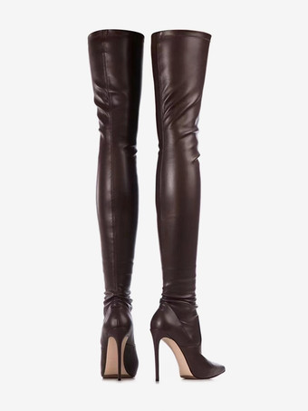 女性用サイハイブーツ、つま先が尖ったハイヒール、セクシーなオーバーニーブーツ