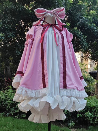 Ensemble haut et pantalon rose style Lolita pour fille manches longues volants bicolores idéal pour les fêtes