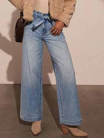 2025年秋冬 リボンベルト付きブルーワイドレッグジーンズ