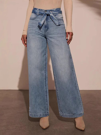 2025年秋冬 リボンベルト付きブルーワイドレッグジーンズ