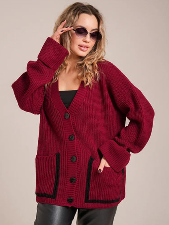 2025年秋冬 コントラストトリムのオーバーサイズVネックカーディガン