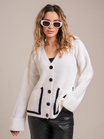 ホワイト 2025年秋冬 コントラストトリムのオーバーサイズVネックカーディガン