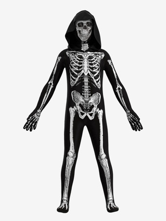 ブラック ハロウィン スケルトン ボディスーツ 全身コスチューム フード付き 子供と大人用 3D ボーンプリント タイトな衣装