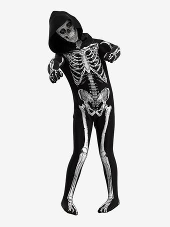 ハロウィン スケルトン ボディスーツ 全身コスチューム フード付き 子供と大人用 3D ボーンプリント タイトな衣装