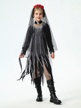 ハロウィン 女の子用 ゴースト花嫁コスチューム ゴシック レースドレス 魔女 子供用