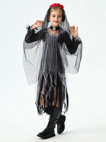ハロウィン 女の子用 ゴースト花嫁コスチューム ゴシック レースドレス 魔女 子供用