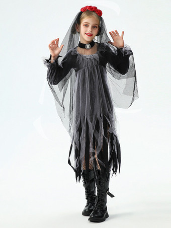 ハロウィン 女の子用 ゴースト花嫁コスチューム ゴシック レースドレス 魔女 子供用