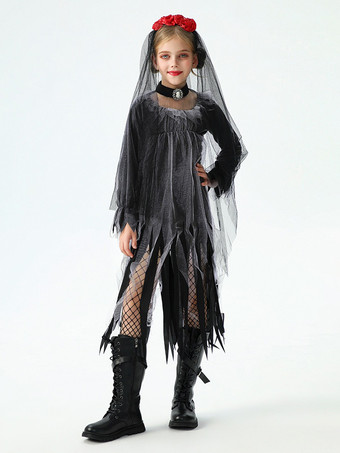 ハロウィン 女の子用 ゴースト花嫁コスチューム ゴシック レースドレス 魔女 子供用