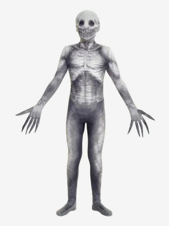 ライトグレー ハロウィン スケルトン ボディスーツ 3D ボーンプリント 子供用 大人用 パーティー用 お揃いコスチューム