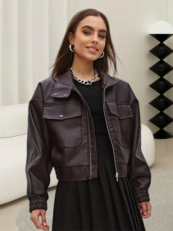 バーガンディー2025年秋冬、ターンダウンカラーと大きなポケットが付いたフェイクレザーボンバージャケット