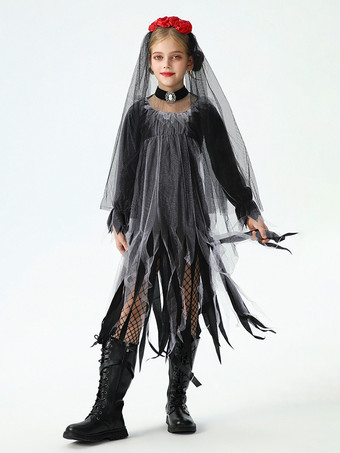 ハロウィン 女の子用 ゴースト花嫁コスチューム ゴシック レースドレス 魔女 子供用