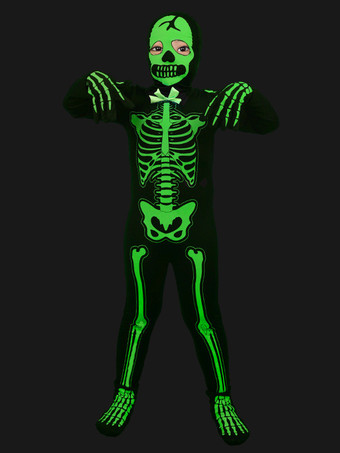 ハロウィン 光るスケルトンコスチューム 子供用 ブラックライト反応ジャンプスーツ 3Dボーンプリント