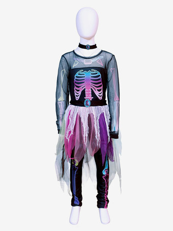 ハロウィン 女の子用 スケルトン コスチューム 骨柄 ジャンプスーツ キュート 不気味 衣装