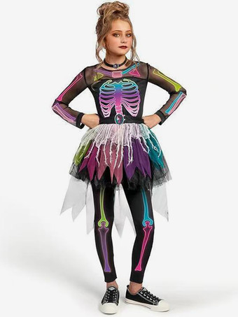 パープル ハロウィン 女の子用 スケルトン コスチューム 骨柄 ジャンプスーツ キュート 不気味 衣装