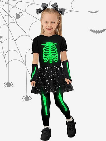 ハロウィンの女の子用スケルトンコスチューム。トリック・オア・トリートにぴったりのキュートで不気味な衣装。