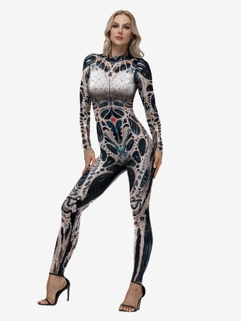 ハロウィンプリントボディスーツ 伸縮性フルレングスキャットスーツ 面白いタイトコスチューム コスプレ用