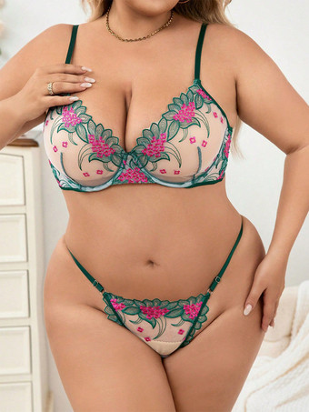 プラスサイズ レースランジェリー ティール 調節可能なストラップ ブラ ショーツ セット 下着