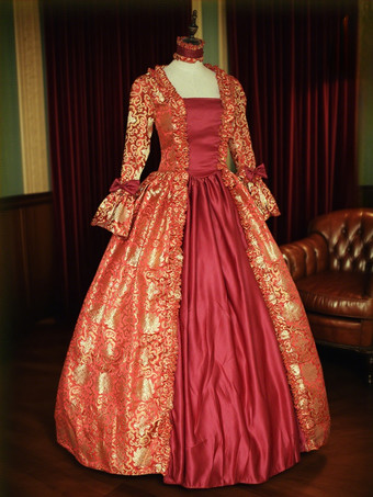 Vintage-Stil Ture Rotes  -Kostüm mit Schnürung aus Satinstoff mit Blumendruck Gothic-Marie-Antoinette-Kostümset für Mädchen  -Kleidung Karnevalskleid