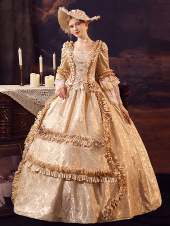 Viktorianisches Vintage-Stil Champagnerfarbenes Vintage-inspiriertes Barockkleid mit langen Ärmeln im Marie-Antoinette-Stil Karnevalskleid