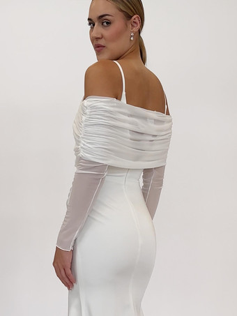 ウェディングラップ アイボリー 長袖 バトーネック ショール ポリエステル プリーツ ブライダル カバーアップ