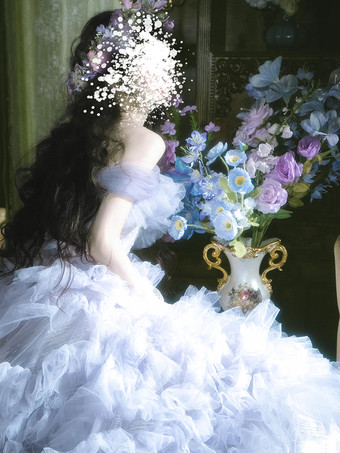 フェアリーロリータドレス ストラップレス スパークリングレース チュール オフショルダー ロングロリータドレス