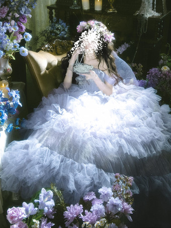 フェアリーロリータドレス ストラップレス スパークリングレース チュール オフショルダー ロングロリータドレス