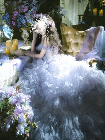 フェアリーロリータドレス ストラップレス スパークリングレース チュール オフショルダー ロングロリータドレス