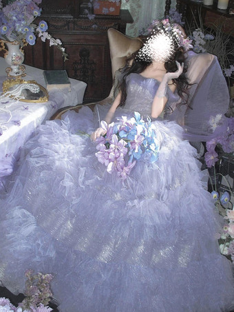 フェアリーロリータドレス ストラップレス スパークリングレース チュール オフショルダー ロングロリータドレス