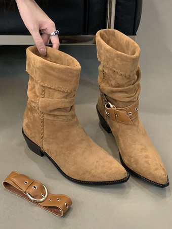 スエードアンクルブーツ レディース ポインテッドトゥ バックルディテール フラットブーツ
