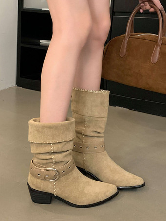 スエードアンクルブーツ レディース ポインテッドトゥ バックルディテール フラットブーツ