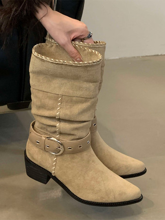 スエードアンクルブーツ レディース ポインテッドトゥ バックルディテール フラットブーツ