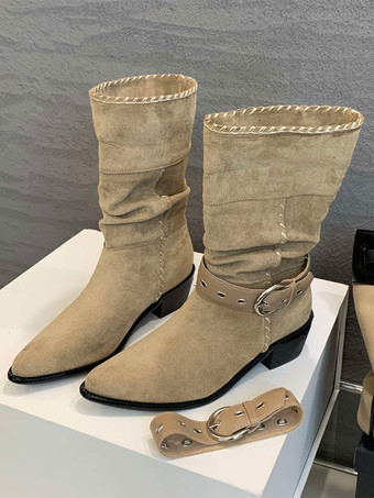 アプリコットスエードアンクルブーツ レディース ポインテッドトゥ バックルディテール フラットブーツ