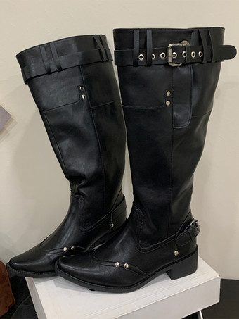 レディースニーハイブーツ スクエアトゥ バックルディテール フラットブーツ