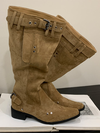 レディースニーハイブーツ スクエアトゥ バックルディテール フラットブーツ