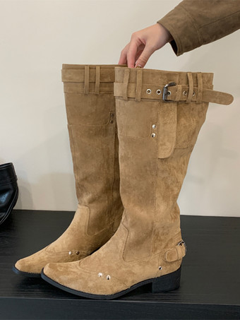 レディースニーハイブーツ スクエアトゥ バックルディテール フラットブーツ