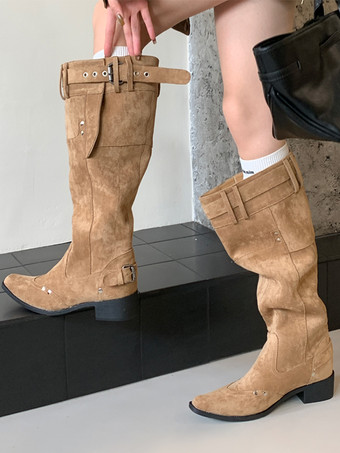 レディースニーハイブーツ スクエアトゥ バックルディテール フラットブーツ