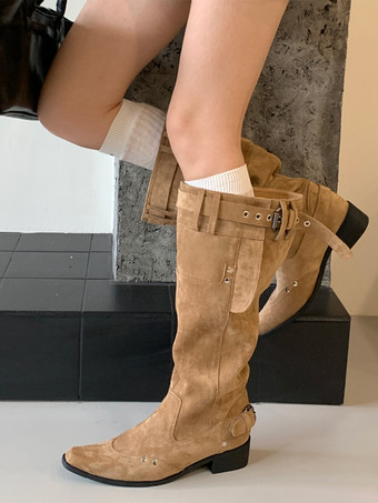 ブラウンレディースニーハイブーツ スクエアトゥ バックルディテール フラットブーツ