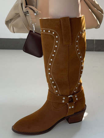 ブラウンブラウンのミッドカーフブーツ、レディースのラウンドトゥ、スタッドバックルディテールのフラットブーツ
