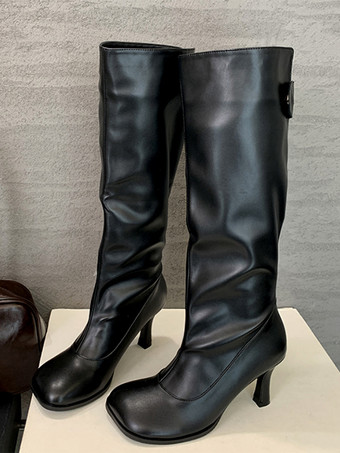 レディース向けブラックニーハイブーツ スクエアトゥハイヒールブーツ