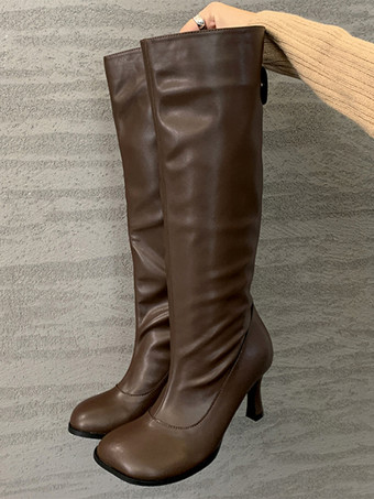 レディース向けブラックニーハイブーツ スクエアトゥハイヒールブーツ