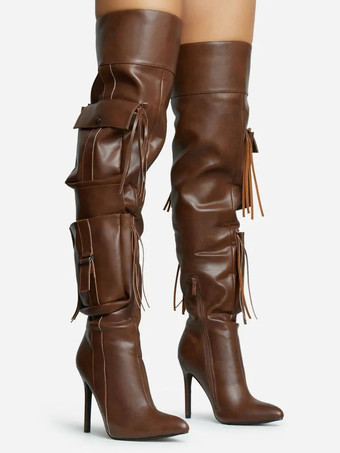 レディース サイハイブーツ ポインテッドトゥ ポケットディテール ハイヒール オーバーザニーブーツ