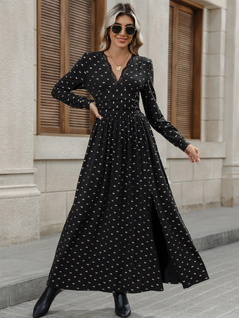 2025年秋冬、Vネックと長袖のバタフライプリントマキシスリットドレス